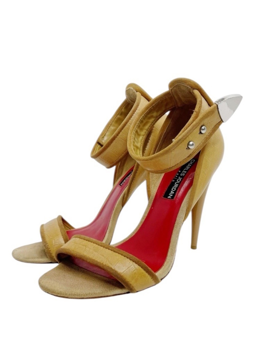 Charles Jourdan Tan Ankle-Strap Stiletto Sandals